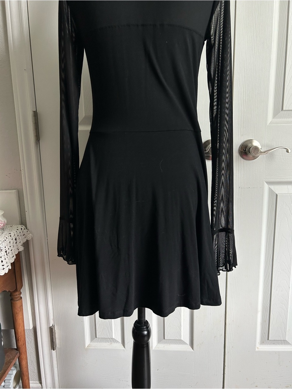 Dolls Kill | Current Mood white collared black mesh long sleeve mini dress - Picture 6 of 9